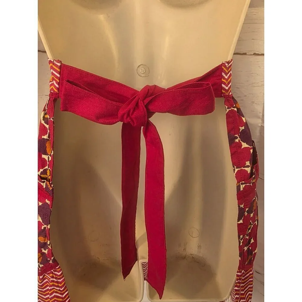 Simply EnVogue Wine Red Cotton Apron Women OS 3D Florette Applique Retro Kitchen
